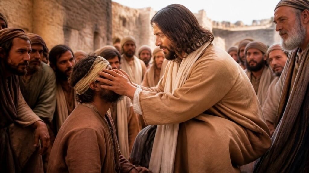 A picture of Jesus Healing The man born blind