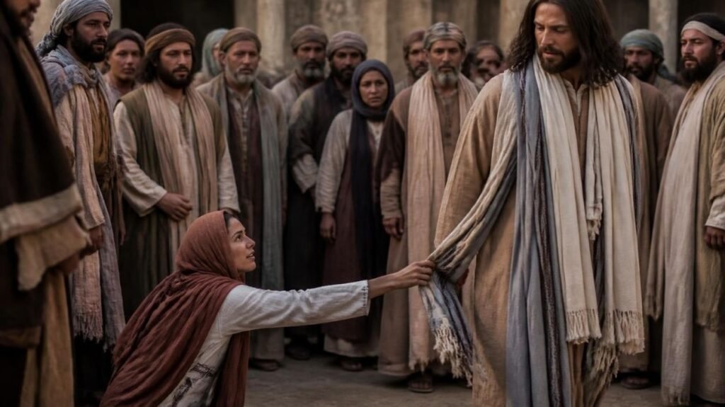 A picture of The woman with the issue of blood touching the Jesus garment