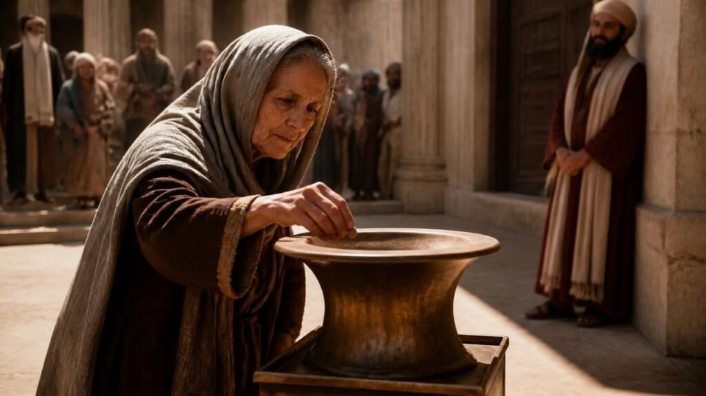 A picture of the widow putting coins in the temple treasury