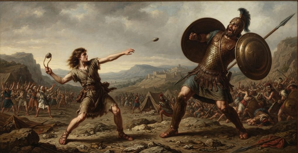 A picture of David slinging a stone at Goliath
