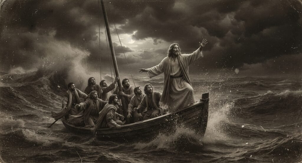 A picture of Jesus rebuking the wind and the waves