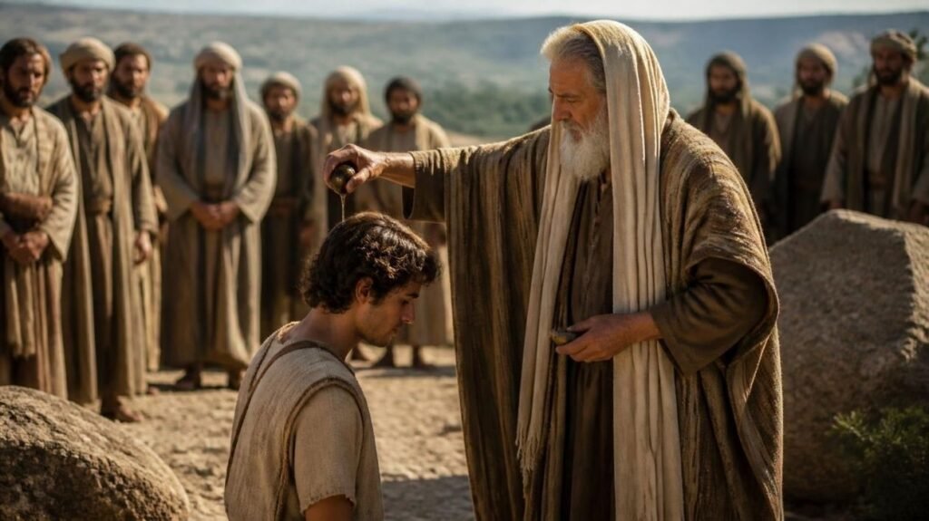 a picture of David receiving anointing from Samuel